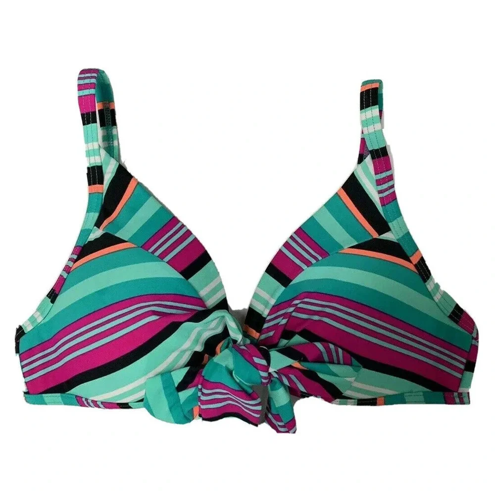 NEW Aqua Couture Turquoise Black Pink Stripe 2 Piece Push Up Bikini Swimsuit S M